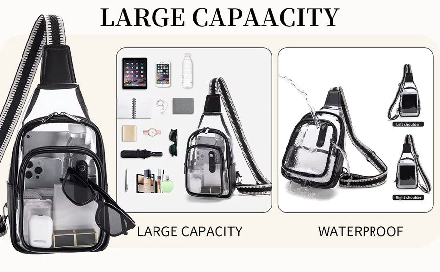 Transparent waterproof crossbody bag with black trim and strap, shown with text reading 'LARGE CAPACITY' and 'WATERPROOF' plus small inset product views and accessories inside the bag.