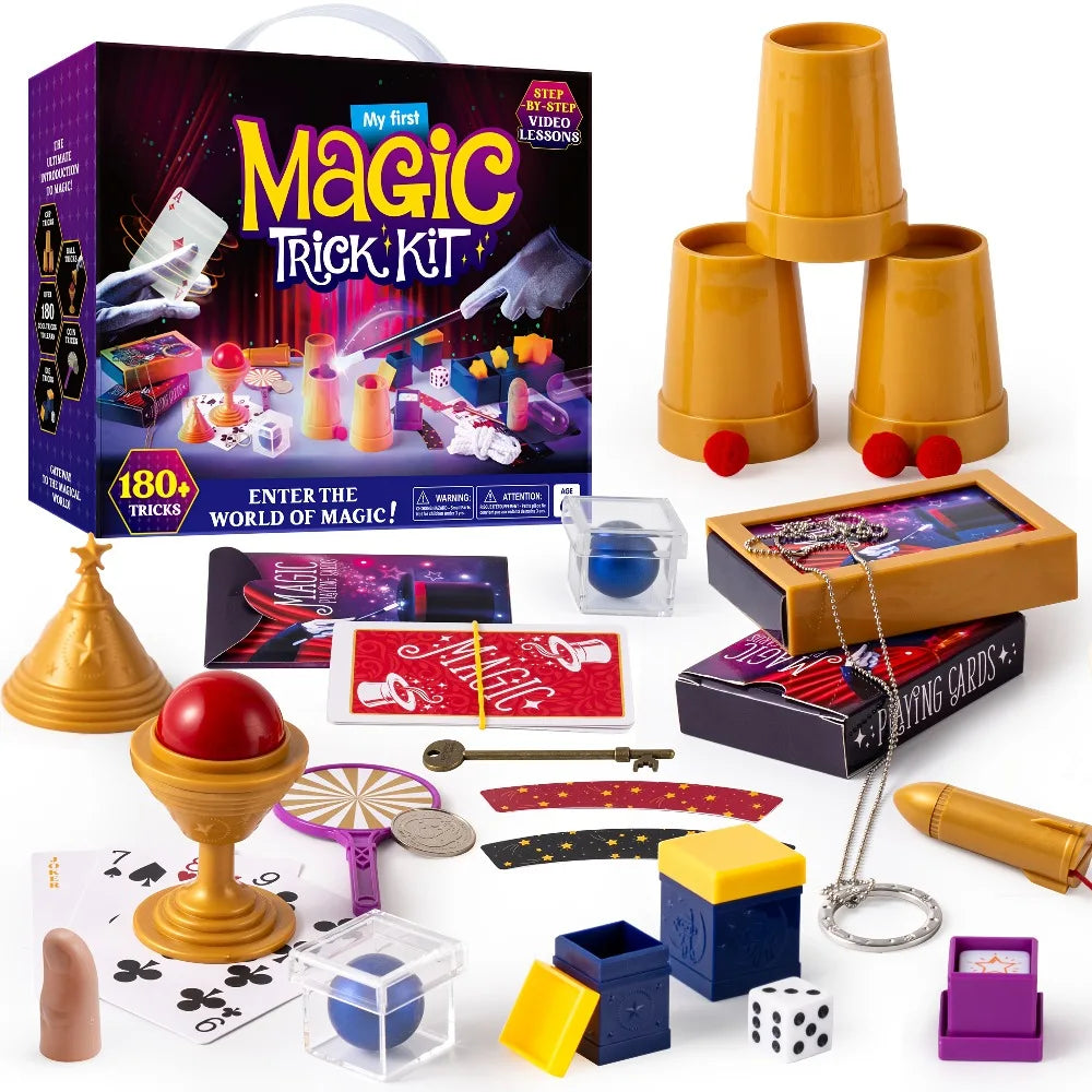 180+ Magic Set contents with cups, balls, cards, wand and illusion props