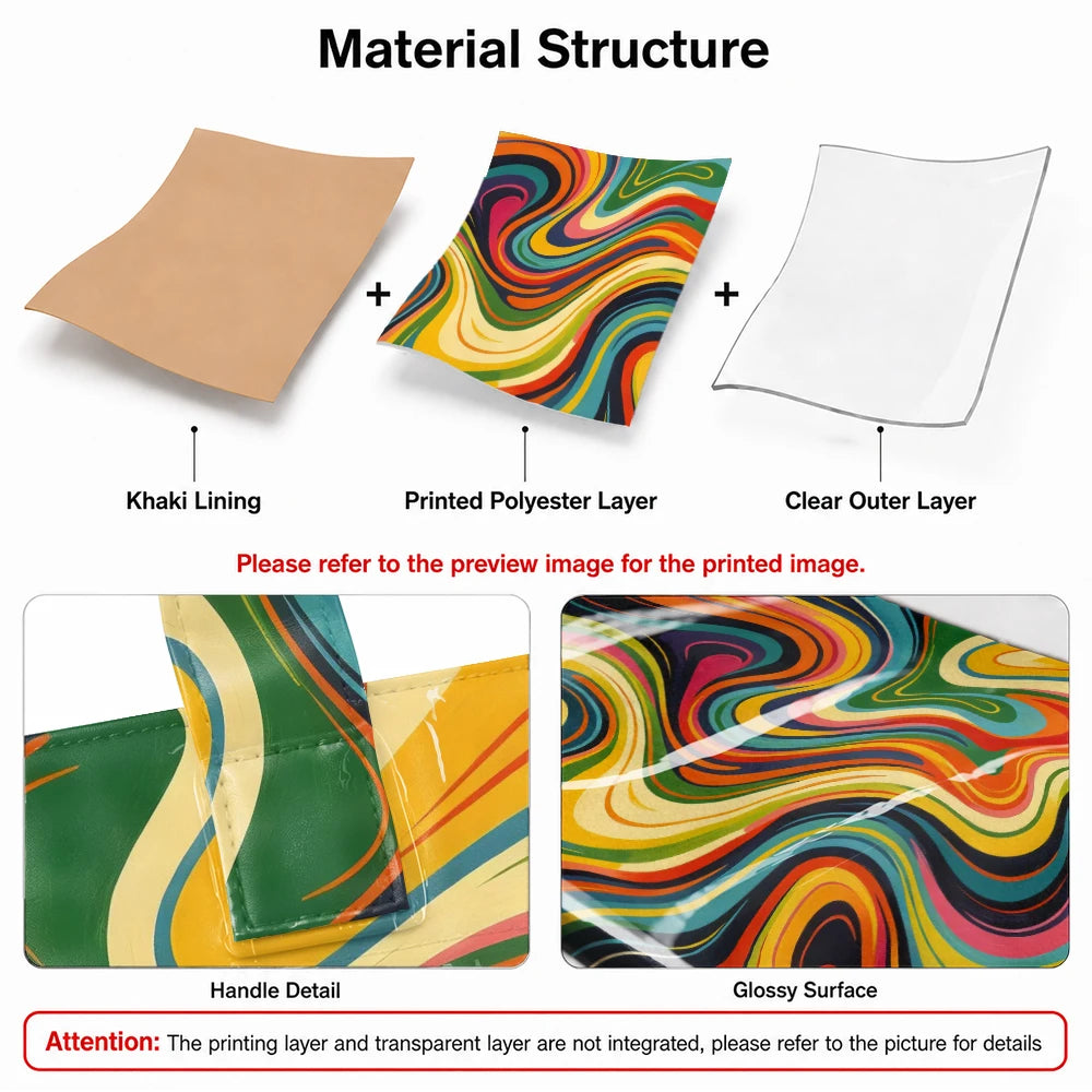 Retro Rainbow Swirl Tote Bag for Women – Psychedelic Marble Print Glossy Large Capacity Handbag with Clear Outer Layer