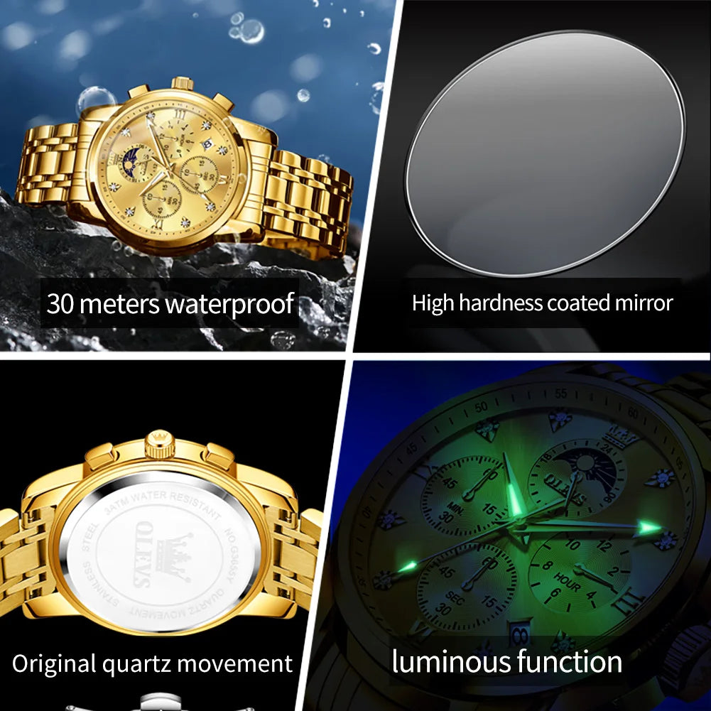 Olevs Gold Business Watch For Men with Roman Numerals Chronograph Quartz Movement and Luminous Hands