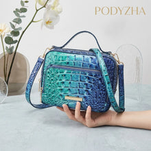Lake blue crocodile-embossed structured satchel with gold-tone hardware