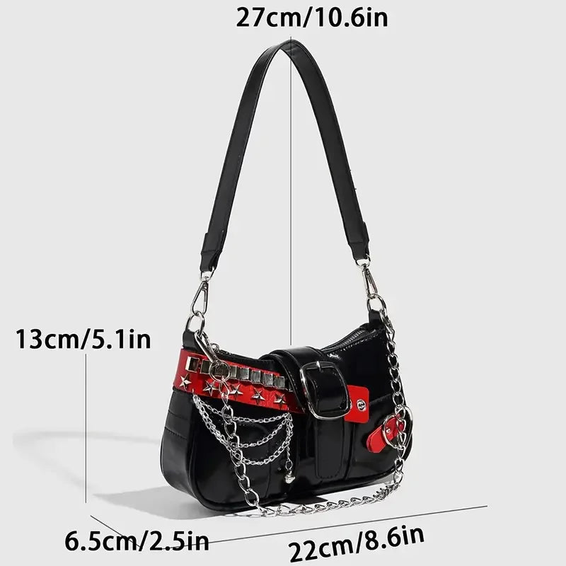 Y2K Gothic Punk Shoulder Bag for Women – Black & Red Chain Hobo Purse with Star Studs, Buckle & Heart Detail, Retro Underarm Handbag