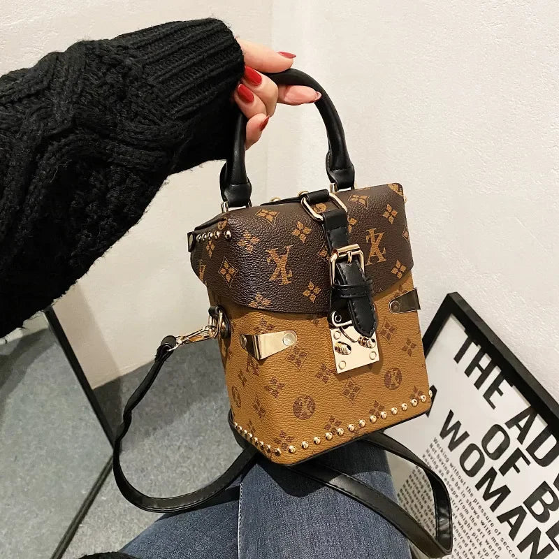 Vintage Monogram Mini Box Phone Bag for Women – Buckle Top Handle Crossbody Purse with Adjustable Shoulder Strap