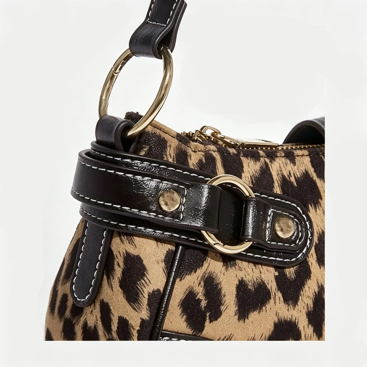 Y2K Leopard Print Underarm Shoulder Bag for Women Retro Buckle Splicing PU Leather Baguette Handbag Trendy Ladies Street Hobo Purse Daily Party