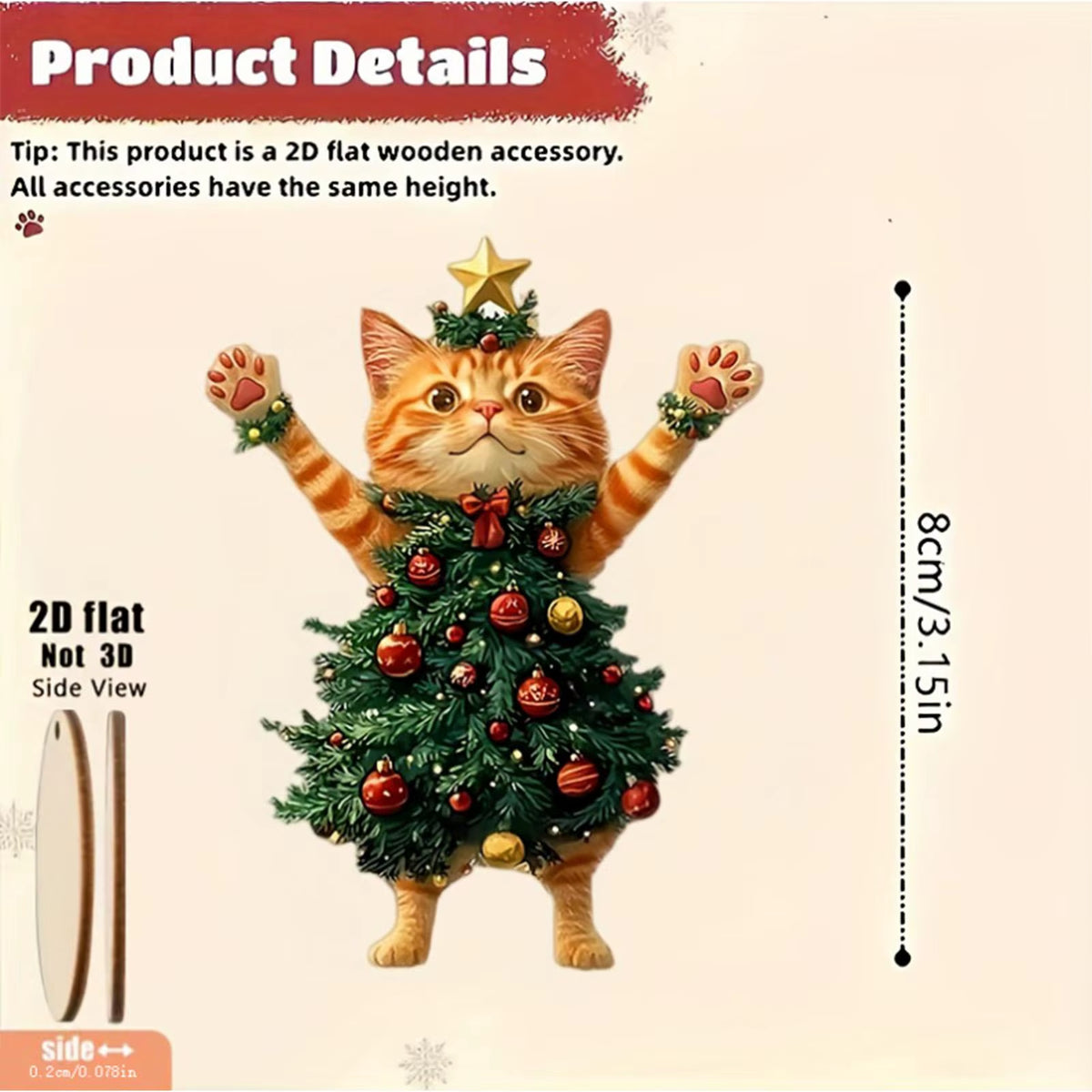 Flat 2D wooden cat ornament with approximately 3.15-inch height