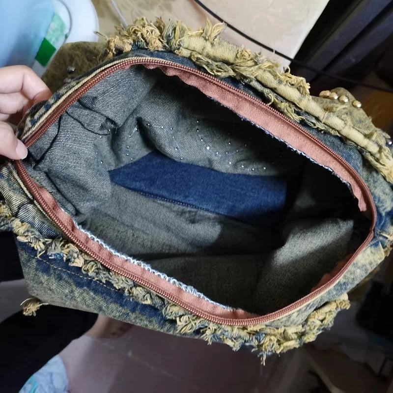 Vintage Distressed Denim Hobo Bag for Women – Large Capacity Studded Shoulder Bag, Y2K Boho Crossbody Tote