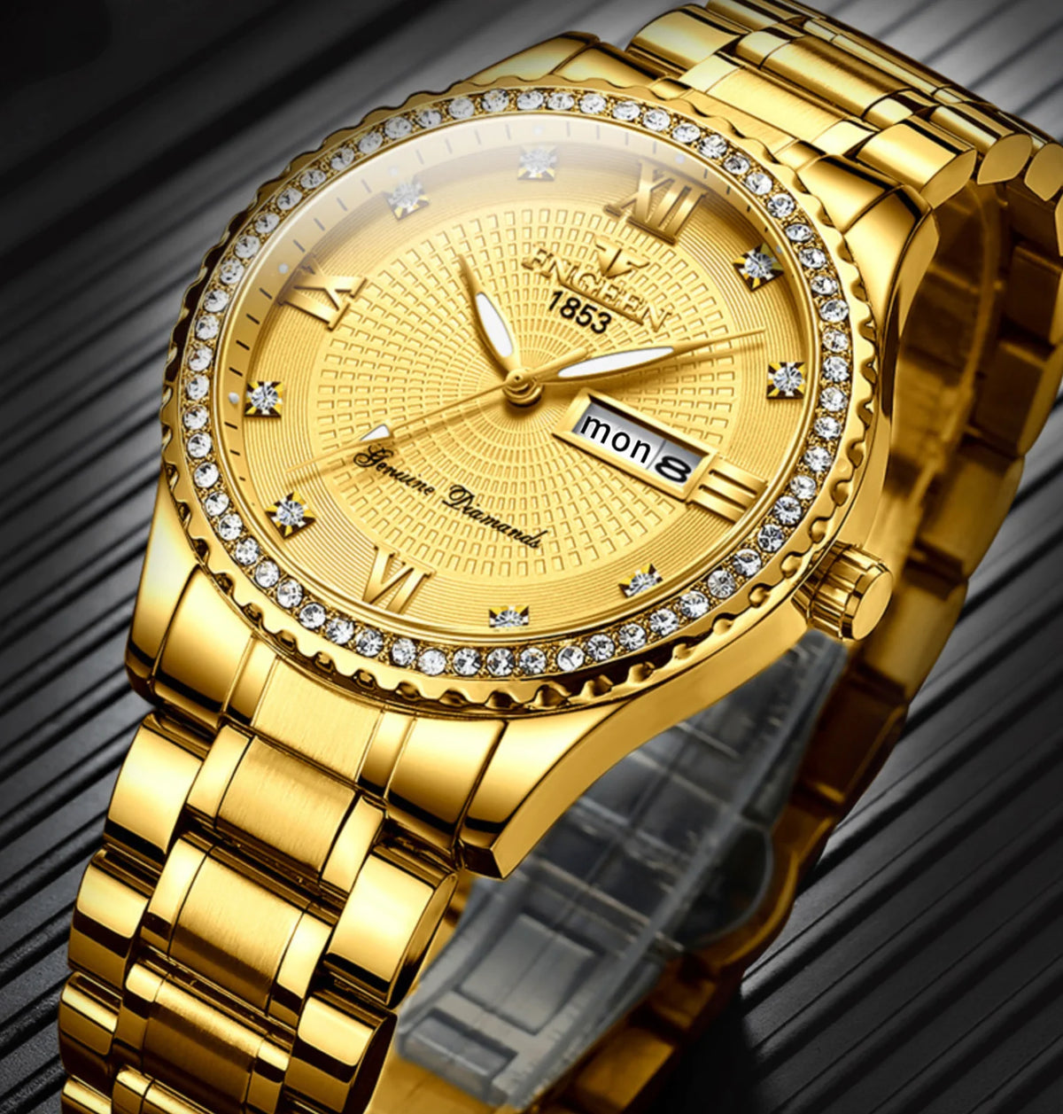 Men’s Luxury Gold Stainless Steel Quartz Watch – Luminous Day Date Dress Watch, Diamond Bezel Look, 41mm Business Casual Wristwatch