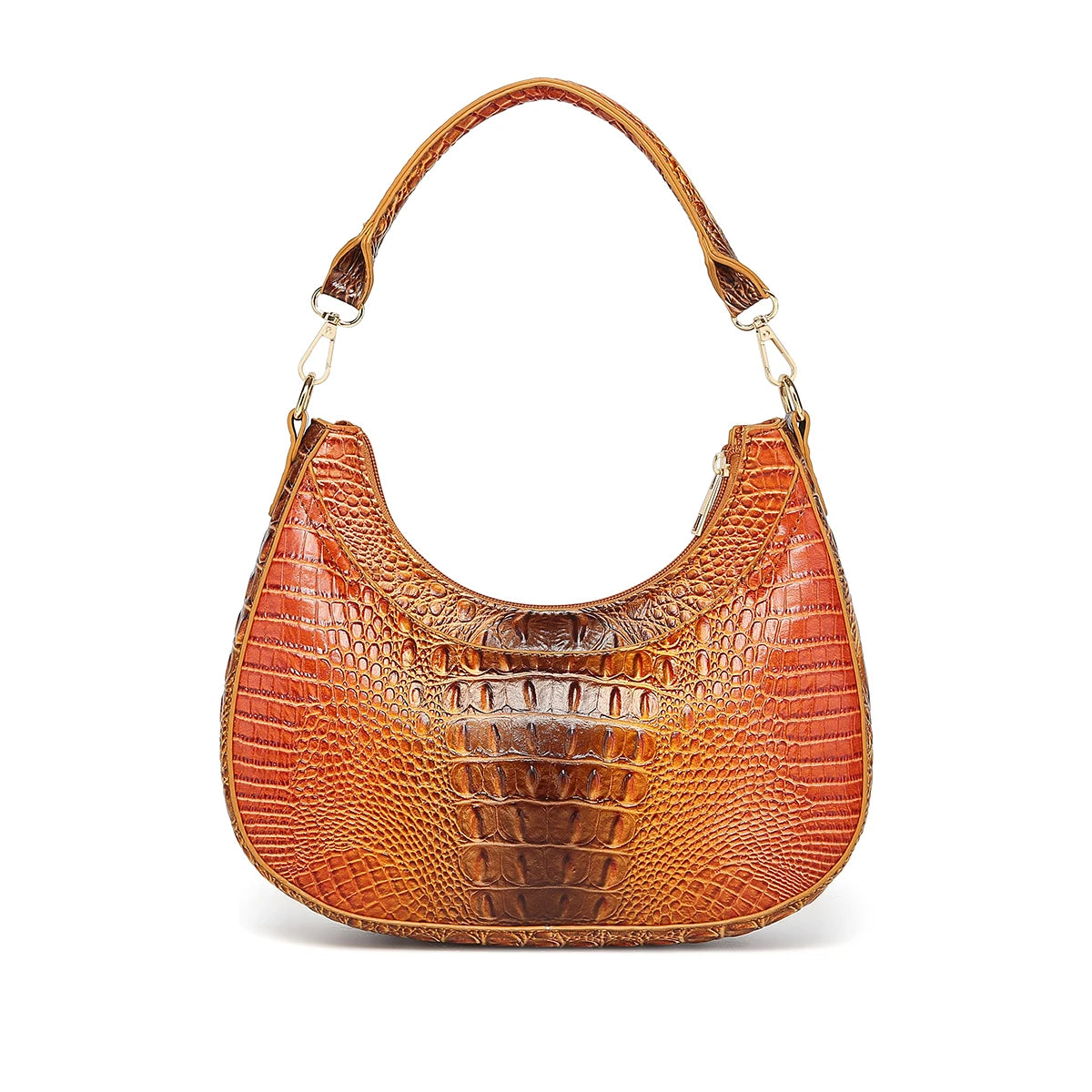 Women’s Ombre Croc Embossed Hobo Bag – Colorful Crescent Shoulder Purse, Glossy Underarm Handbag with Detachable Strap