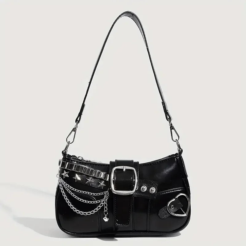 Y2K Gothic Punk Shoulder Bag for Women – Black & Red Chain Hobo Purse with Star Studs, Buckle & Heart Detail, Retro Underarm Handbag