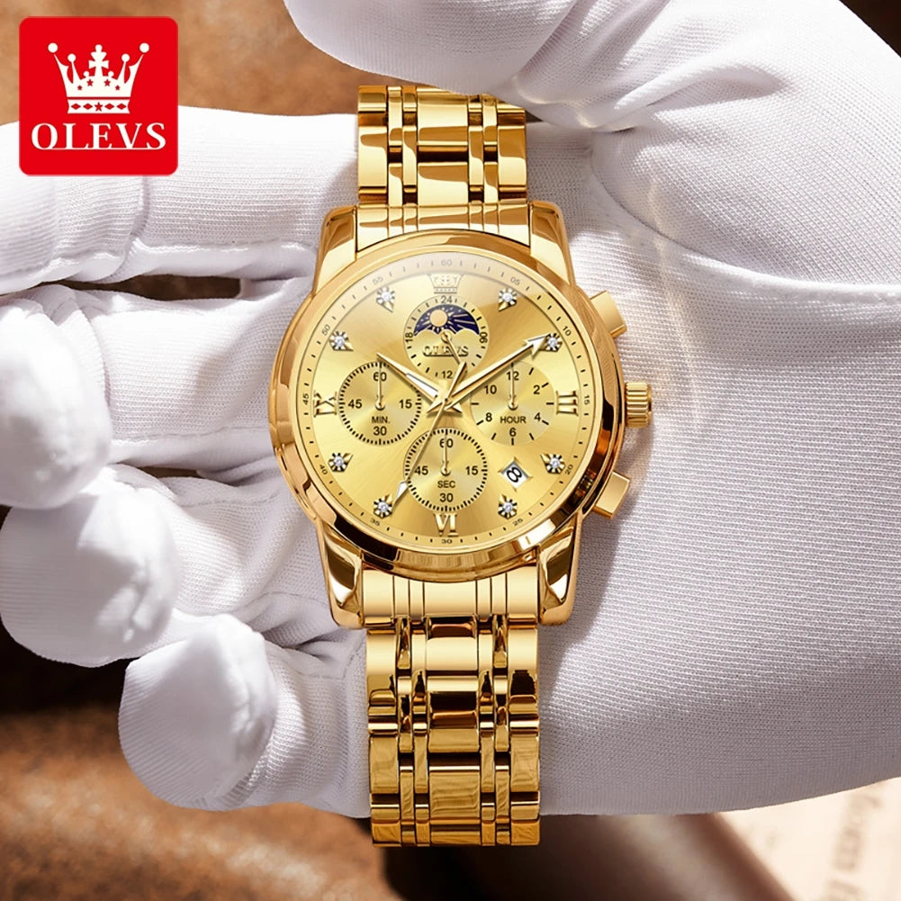 Olevs Gold Business Watch For Men with Roman Numerals Chronograph Quartz Movement and Luminous Hands