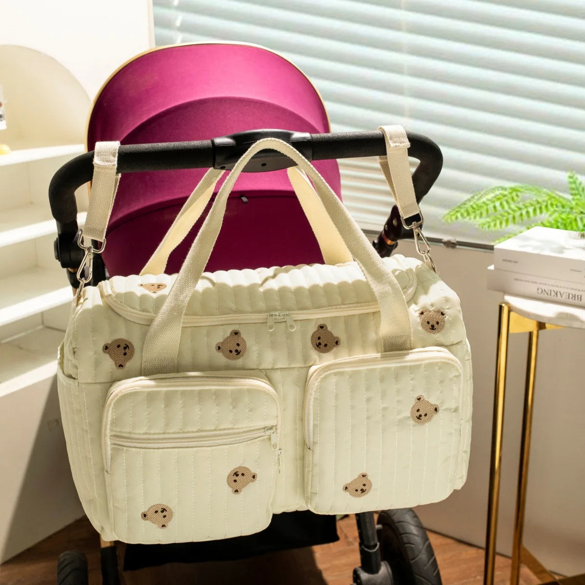 Cute Bear Embroidered Diaper Bag – Large Capacity Quilted Baby Travel Tote, Mommy Hospital Bag with Multiple Zipper Pockets