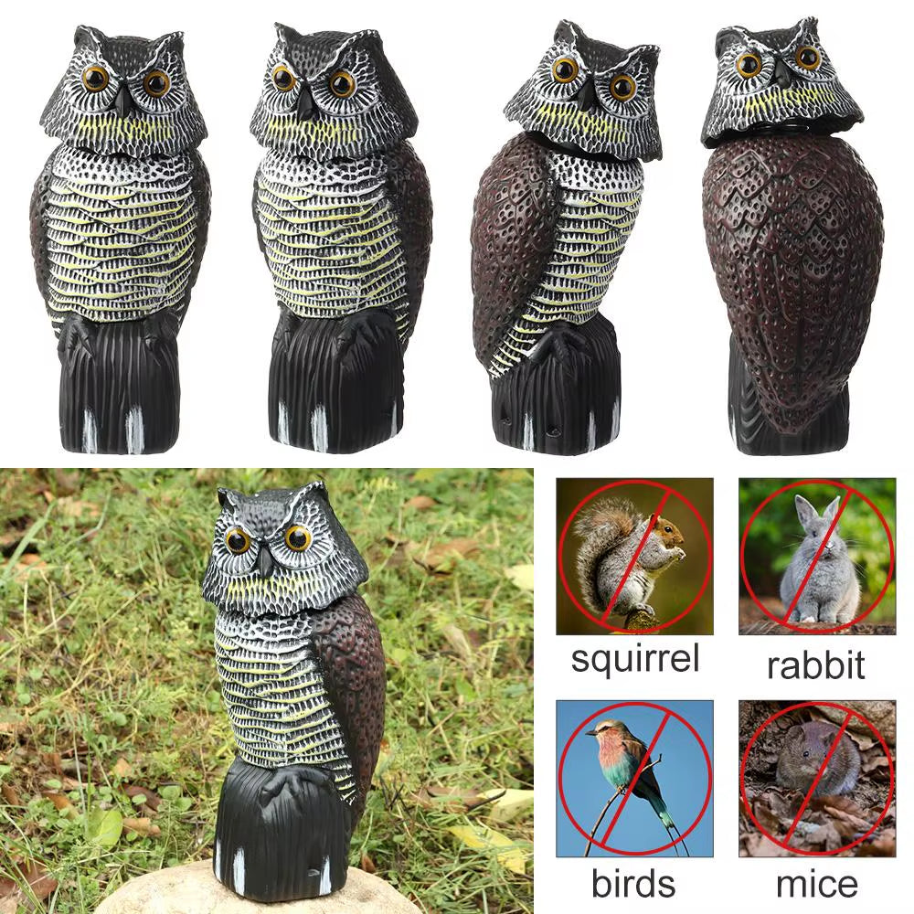 Realistic Fake Owl Decoy with Rotating Head for Garden Yard Outdoor Bird Deterrent Owl Sculpture Birds Repellent Pest Control