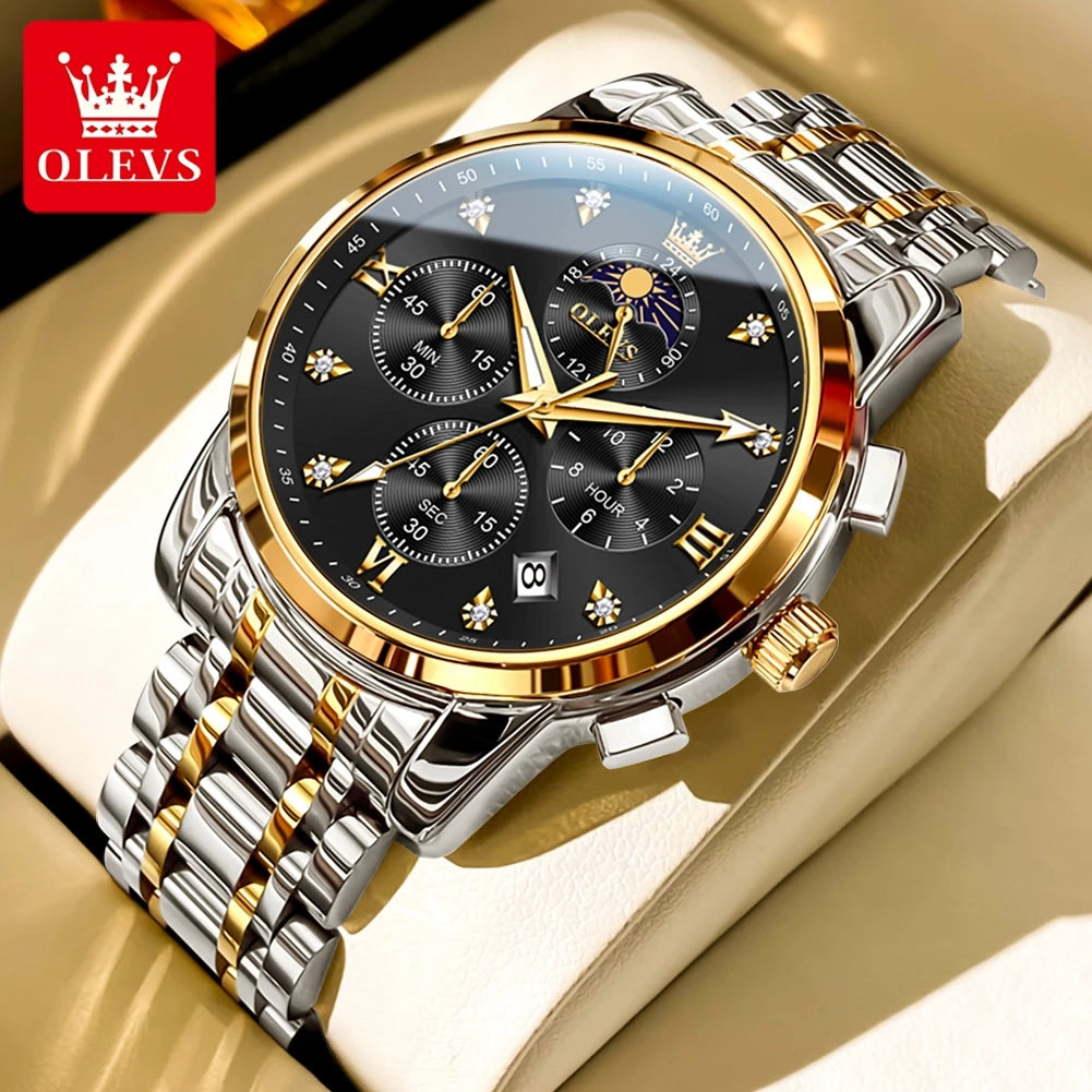Olevs Gold Business Watch For Men with Roman Numerals Chronograph Quartz Movement and Luminous Hands
