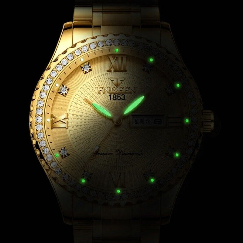 Men’s Luxury Gold Stainless Steel Quartz Watch – Luminous Day Date Dress Watch, Diamond Bezel Look, 41mm Business Casual Wristwatch