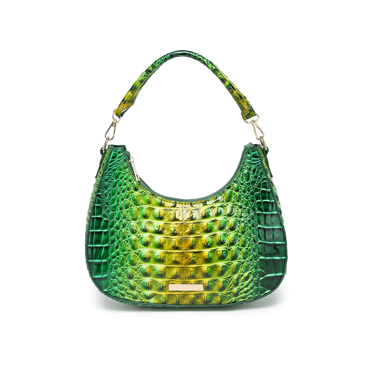 Women’s Ombre Croc Embossed Hobo Bag – Colorful Crescent Shoulder Purse, Glossy Underarm Handbag with Detachable Strap