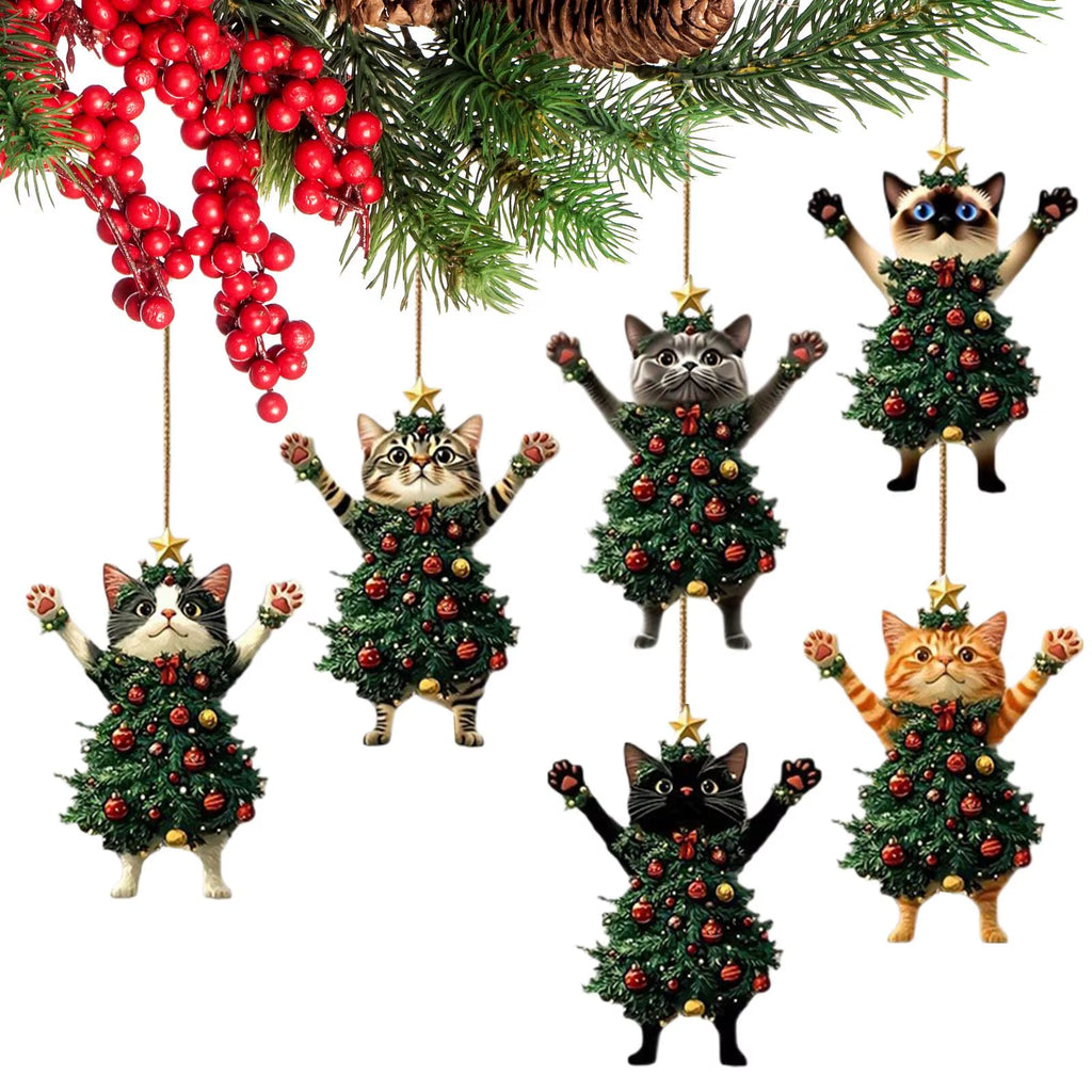Cat ornaments with Christmas greenery and red baubles