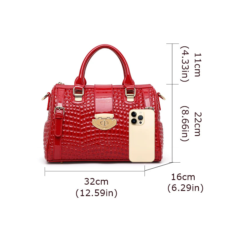 Women’s Glossy Crocodile Embossed Handbag – Structured Top Handle Satchel Purse, Gold Tone Hardware Fashion Shoulder Bag