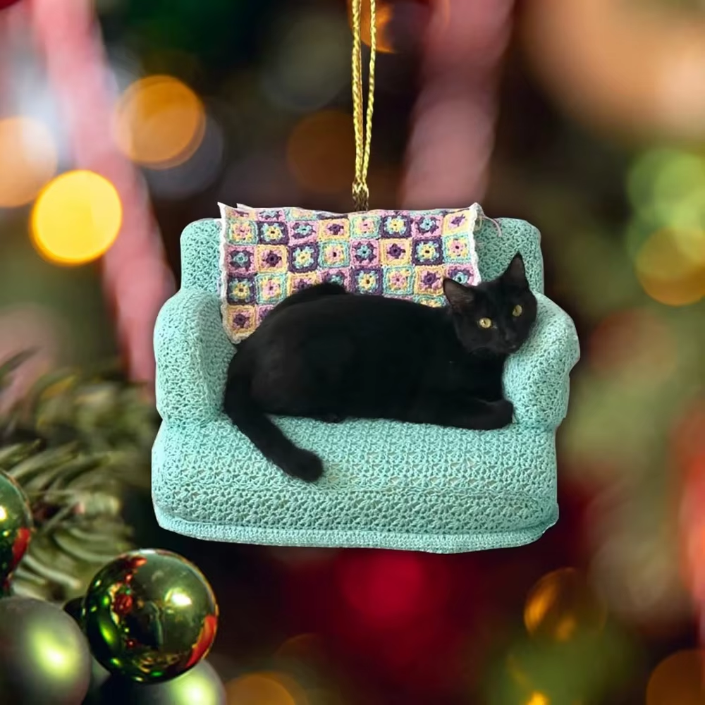 Black cat and mint sofa ornament hanging on a Christmas tree