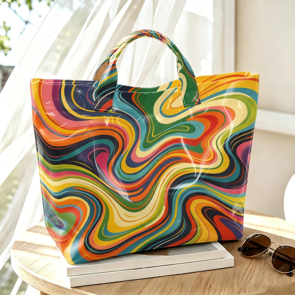 Retro Rainbow Swirl Tote Bag for Women – Psychedelic Marble Print Glossy Large Capacity Handbag with Clear Outer Layer