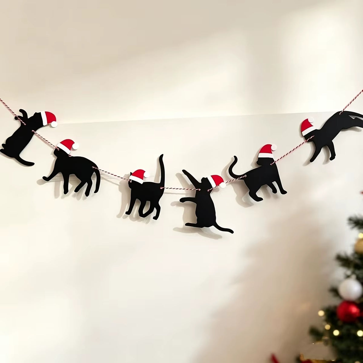 Black cat Christmas banner with Santa hats