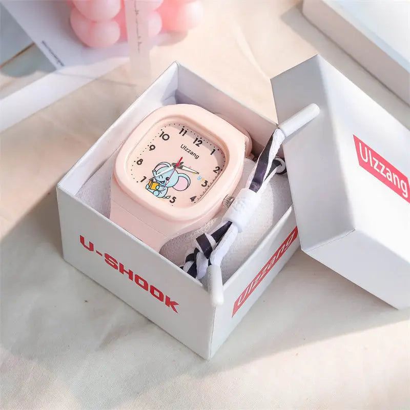 Cute Kids Watch for Boys & Girls Korean Style Cartoon Silicone Watch for Students Learning Large Face Easy to Read