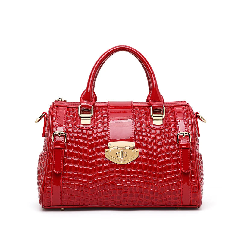 Women’s Glossy Crocodile Embossed Handbag – Structured Top Handle Satchel Purse, Gold Tone Hardware Fashion Shoulder Bag