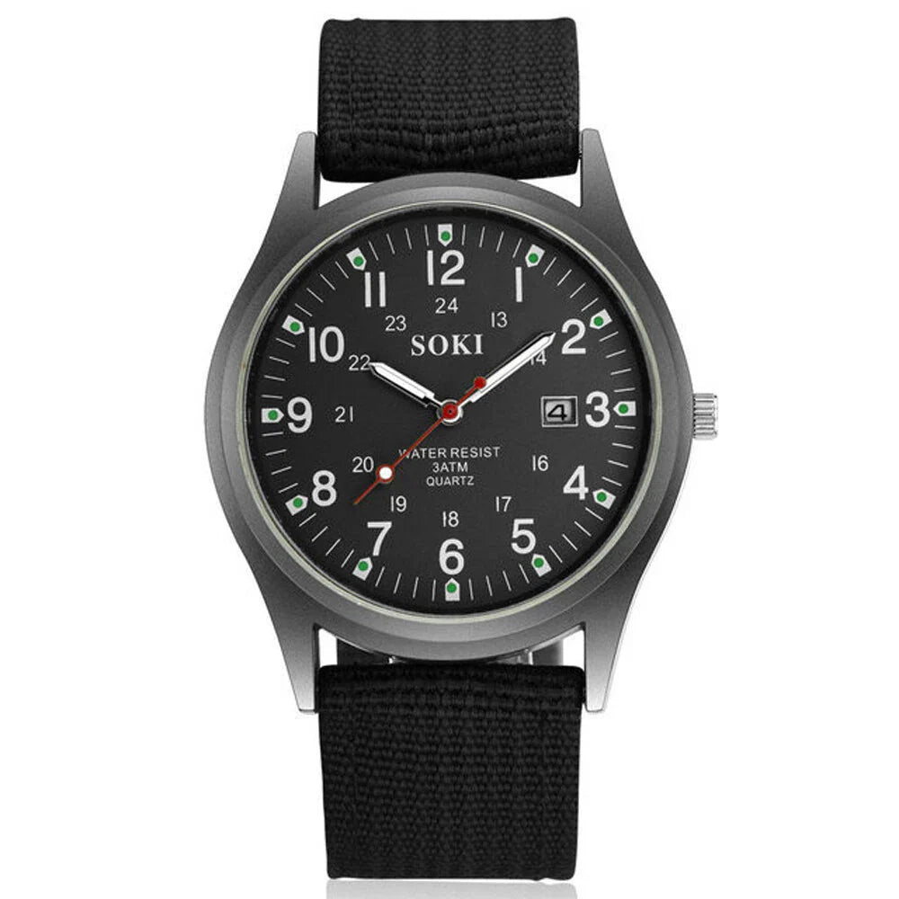 Rugged Field Watch – MilitaryInspired Quartz Watch with Date Display - 24 Hours Dial - Nylon Strap Wrist Watch