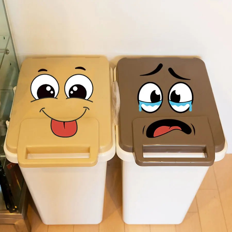 Happy and worried face stickers applied to small household bins