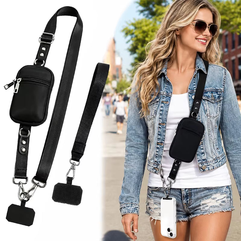 Phone lanyard with detachable zip pouch and wrist strap for everyday carry