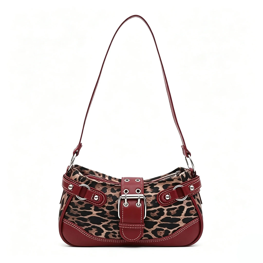 Y2K Leopard Print Underarm Shoulder Bag for Women Retro Buckle Splicing PU Leather Baguette Handbag Trendy Ladies Street Hobo Purse Daily Party