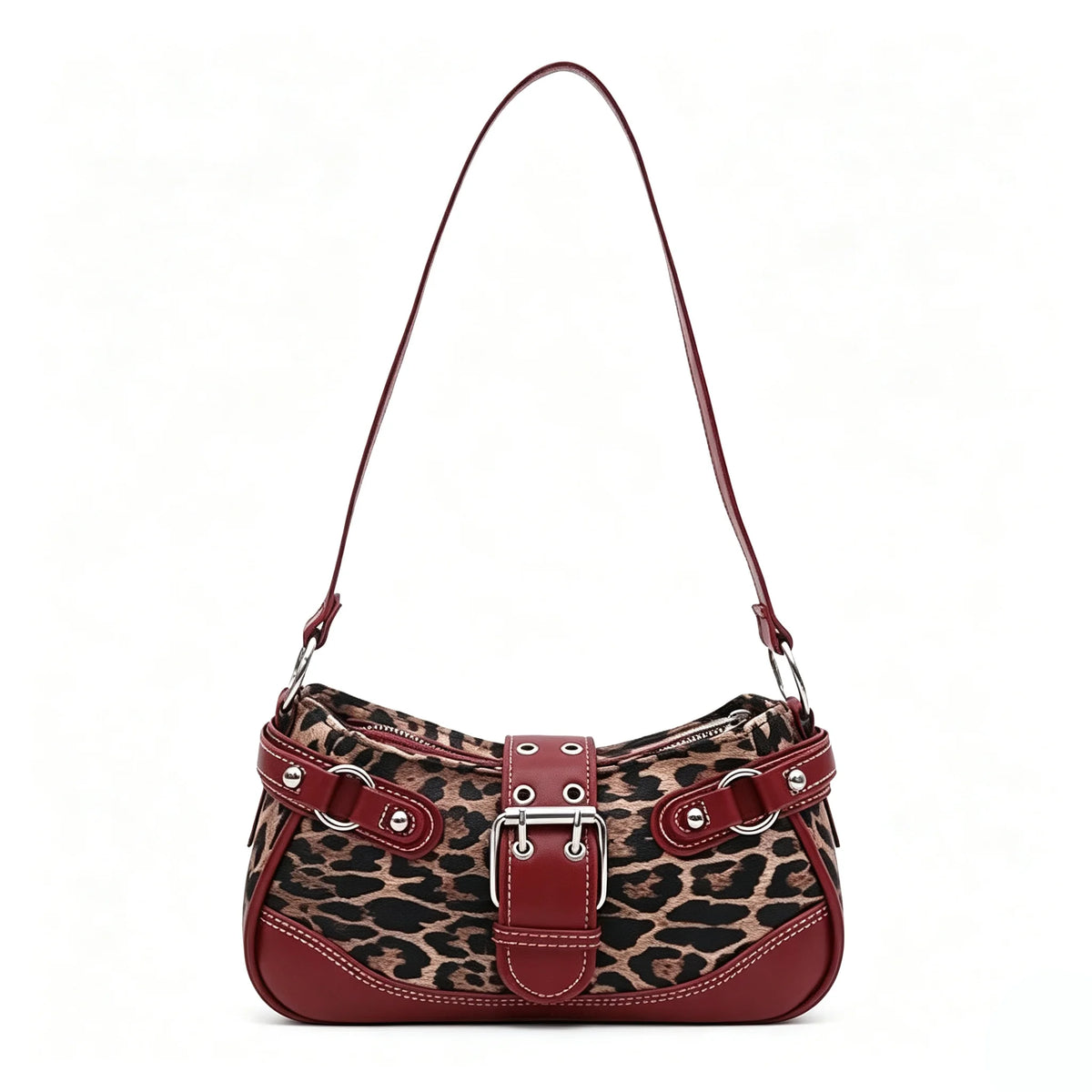 Y2K Leopard Print Underarm Shoulder Bag for Women Retro Buckle Splicing PU Leather Baguette Handbag Trendy Ladies Street Hobo Purse Daily Party