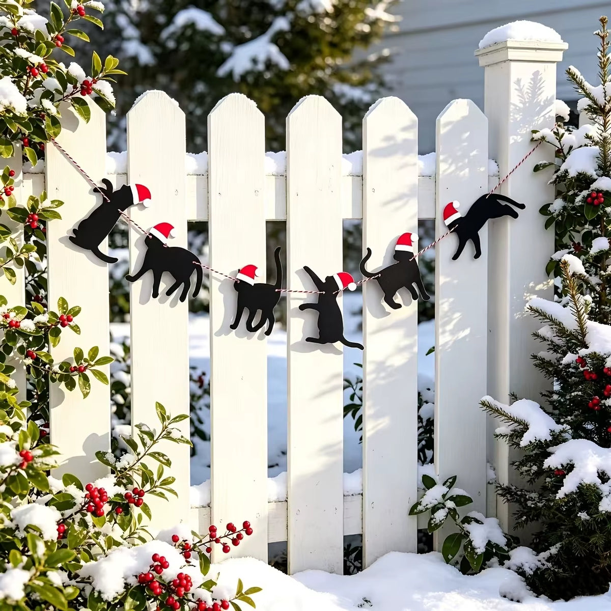 Black cat Christmas bunting in a fence display