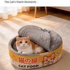 Cat resting inside a gray and yellow canned-food cat bed