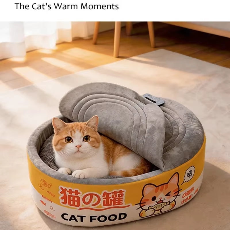 Cat resting inside a gray and yellow canned-food cat bed