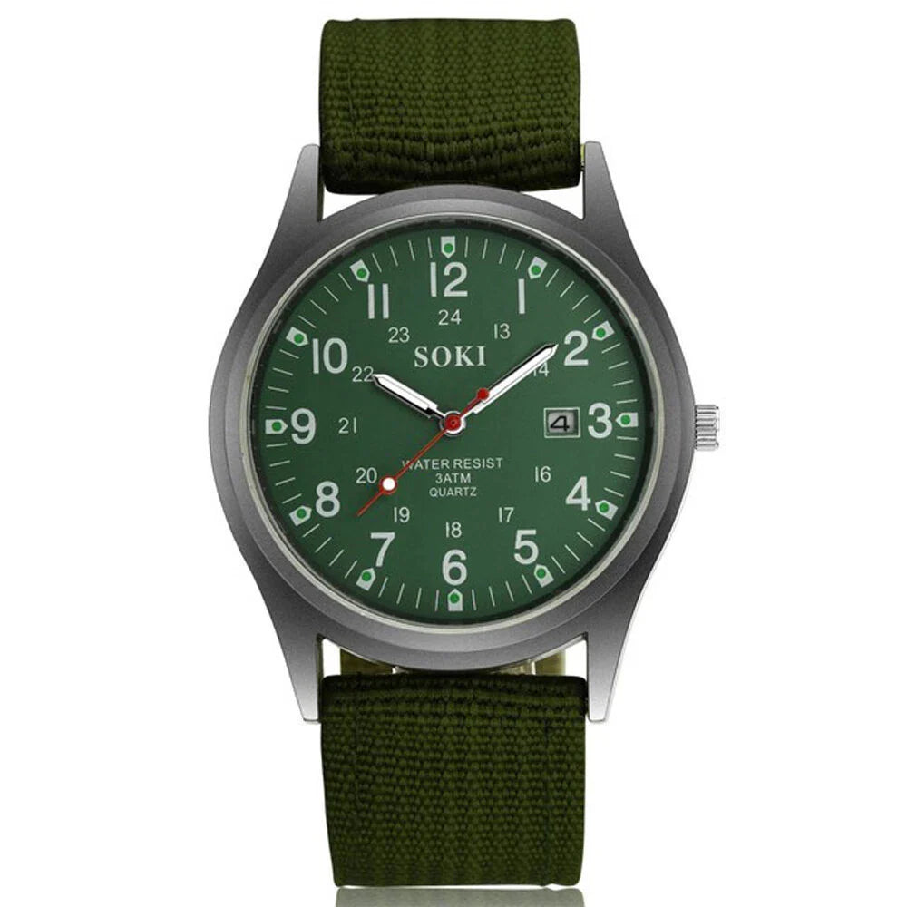 Rugged Field Watch – MilitaryInspired Quartz Watch with Date Display - 24 Hours Dial - Nylon Strap Wrist Watch