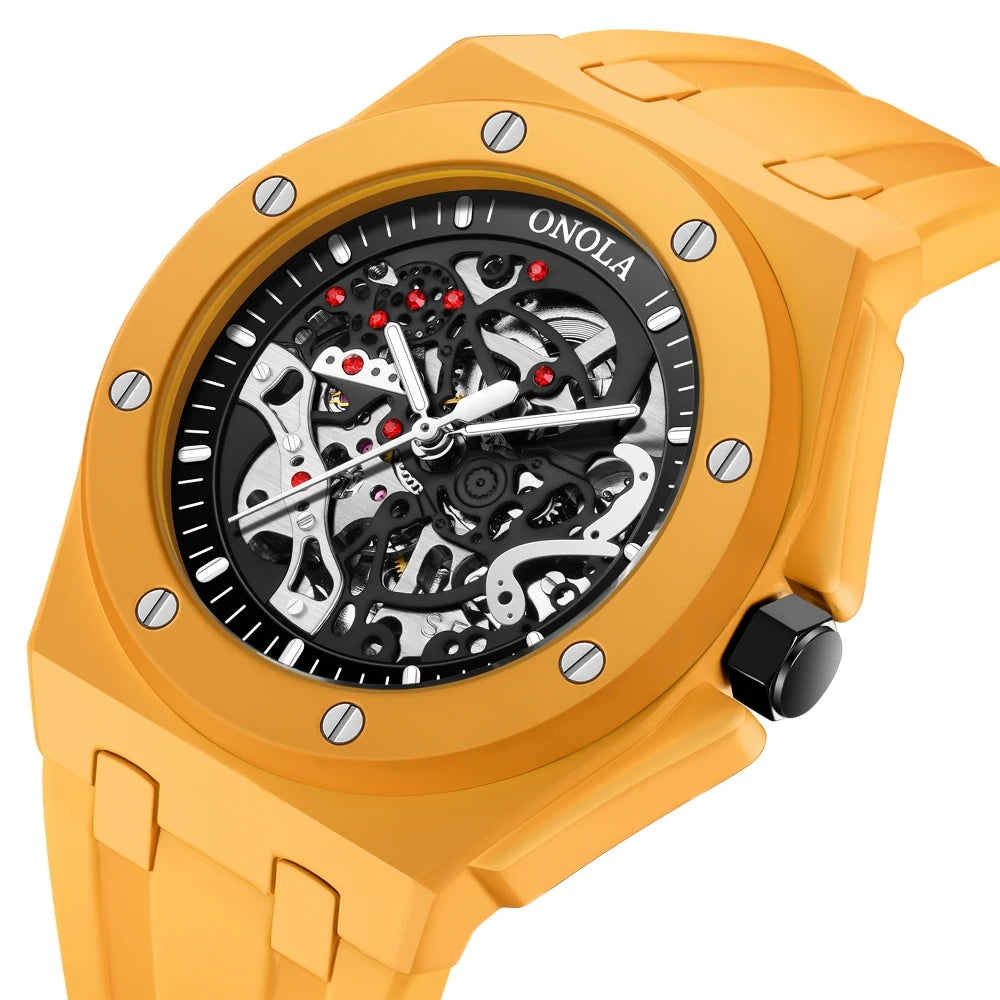 New Hollowed Out Fully Automatic Mechanical Watch for Men,  Fashion Multi-Color Silicone Tape Waterproof Watch
