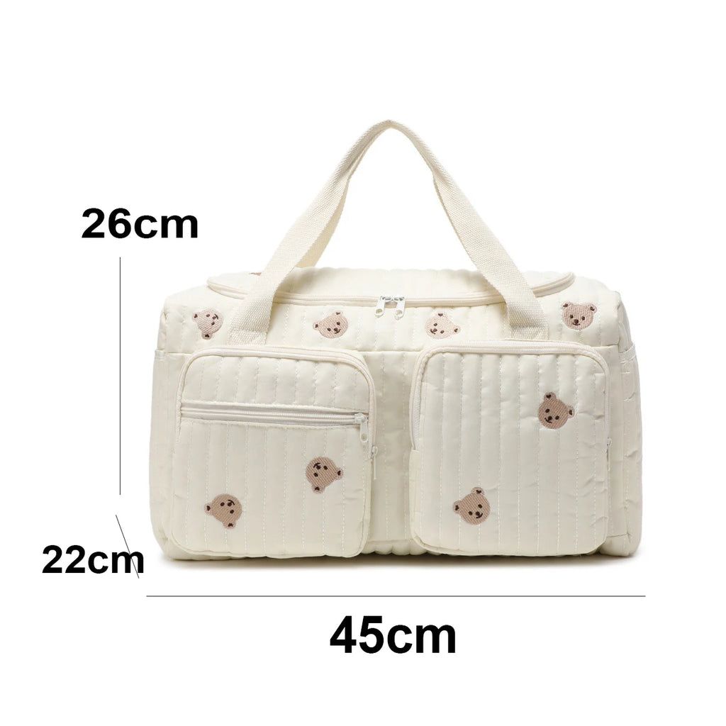 Cute Bear Embroidered Diaper Bag – Large Capacity Quilted Baby Travel Tote, Mommy Hospital Bag with Multiple Zipper Pockets