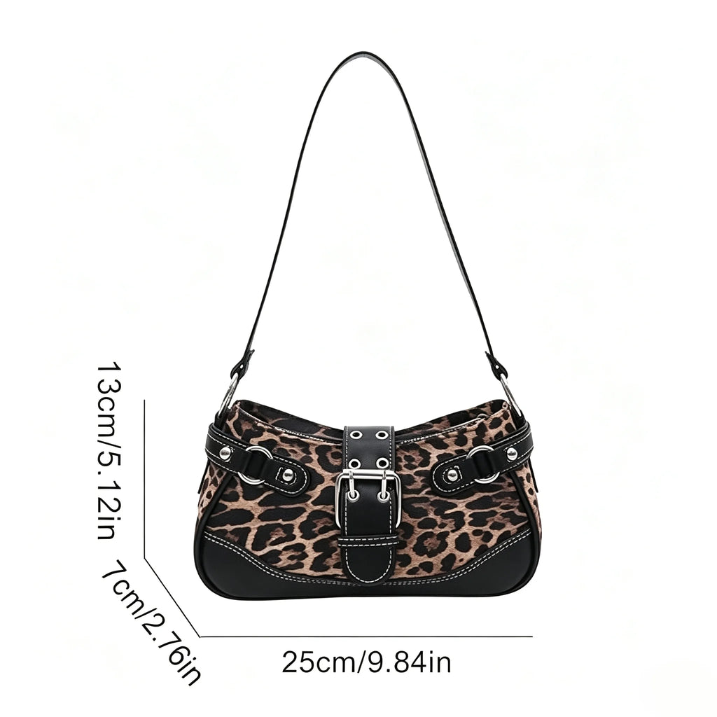 Y2K Leopard Print Underarm Shoulder Bag for Women Retro Buckle Splicing PU Leather Baguette Handbag Trendy Ladies Street Hobo Purse Daily Party