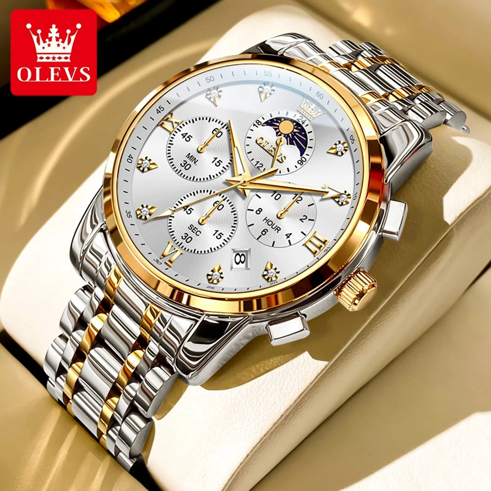 Olevs Gold Business Watch For Men with Roman Numerals Chronograph Quartz Movement and Luminous Hands