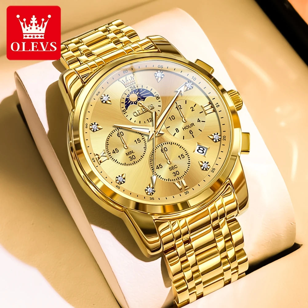 Olevs Gold Business Watch For Men with Roman Numerals Chronograph Quartz Movement and Luminous Hands
