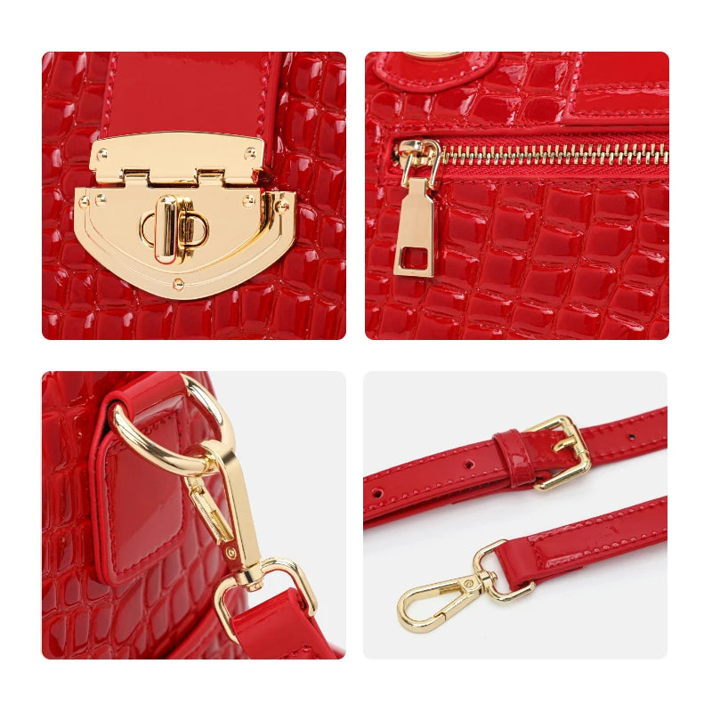 Women’s Glossy Crocodile Embossed Handbag – Structured Top Handle Satchel Purse, Gold Tone Hardware Fashion Shoulder Bag