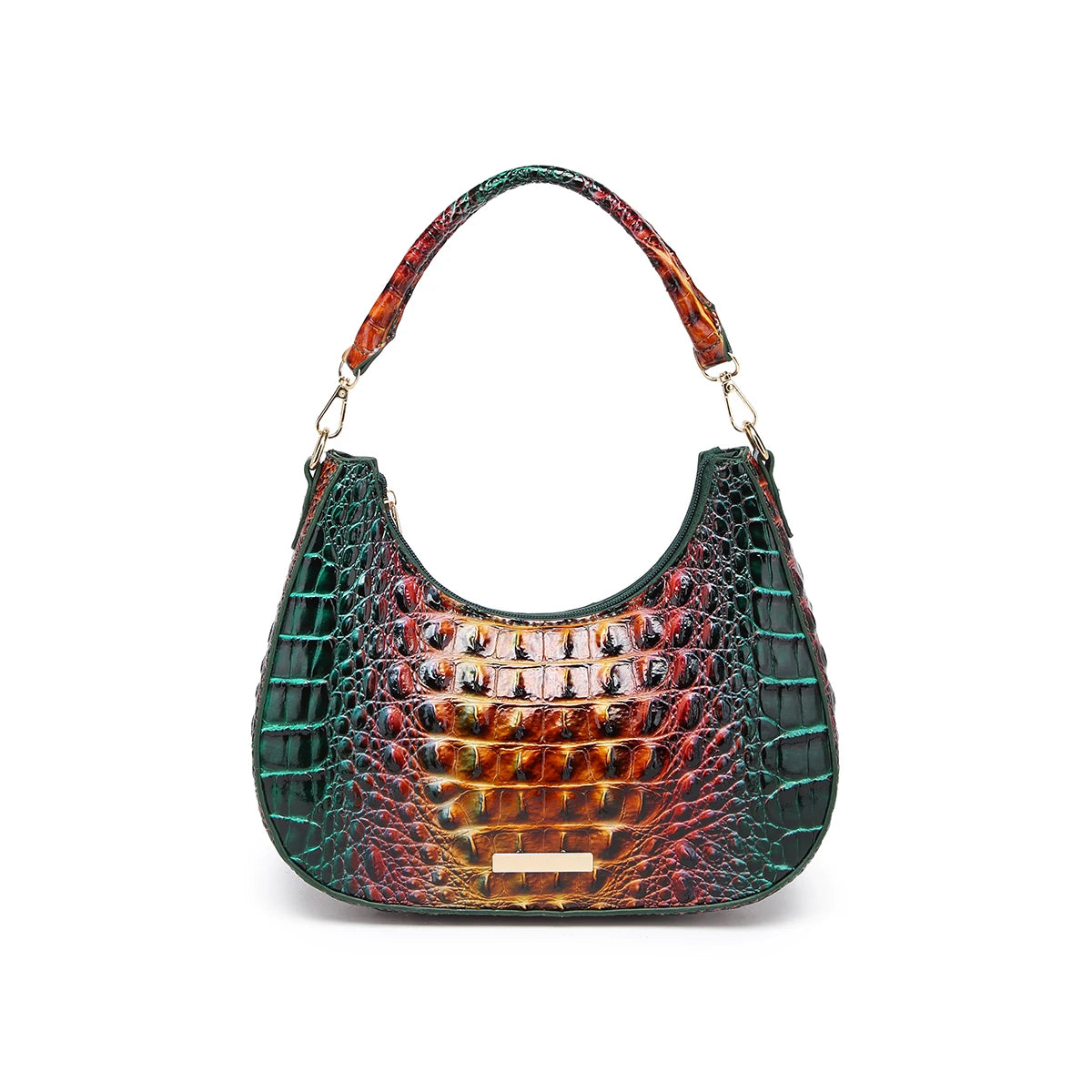 Women’s Ombre Croc Embossed Hobo Bag – Colorful Crescent Shoulder Purse, Glossy Underarm Handbag with Detachable Strap