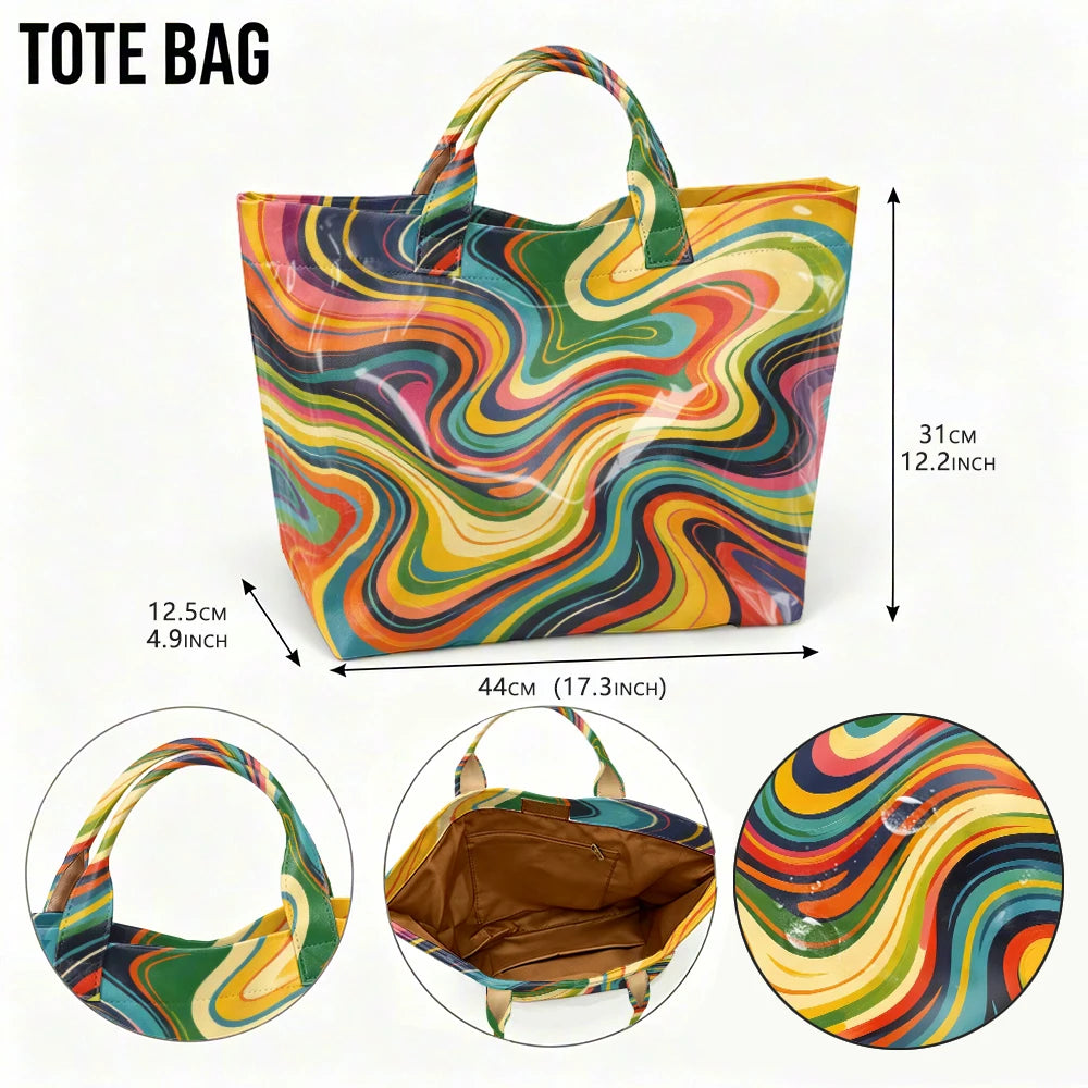 Retro Rainbow Swirl Tote Bag for Women – Psychedelic Marble Print Glossy Large Capacity Handbag with Clear Outer Layer