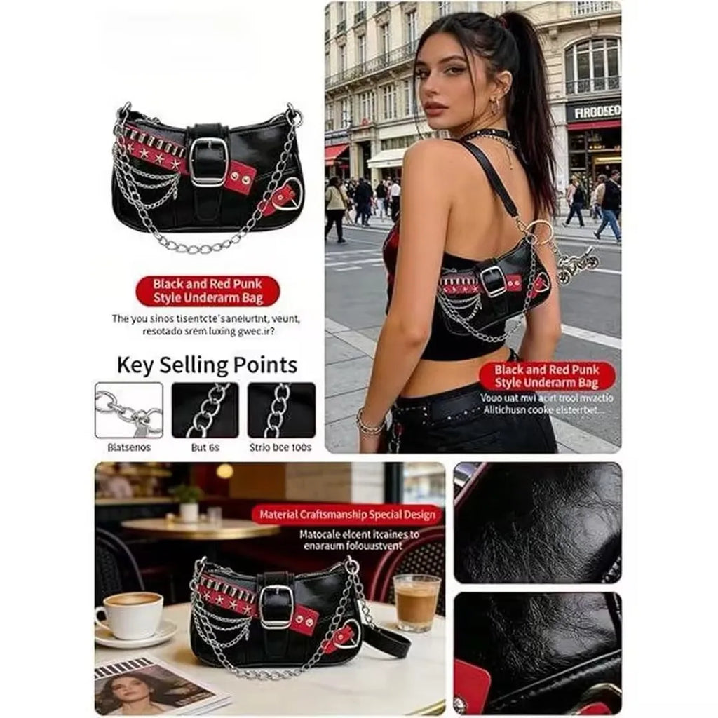 Y2K Gothic Punk Shoulder Bag for Women – Black & Red Chain Hobo Purse with Star Studs, Buckle & Heart Detail, Retro Underarm Handbag