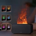 Black flame-effect aroma diffuser with illuminated mist and color illustrations