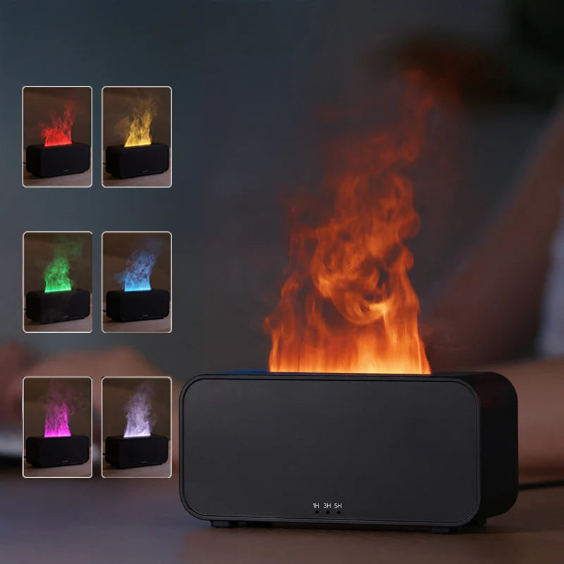 Black flame-effect aroma diffuser with illuminated mist and color illustrations