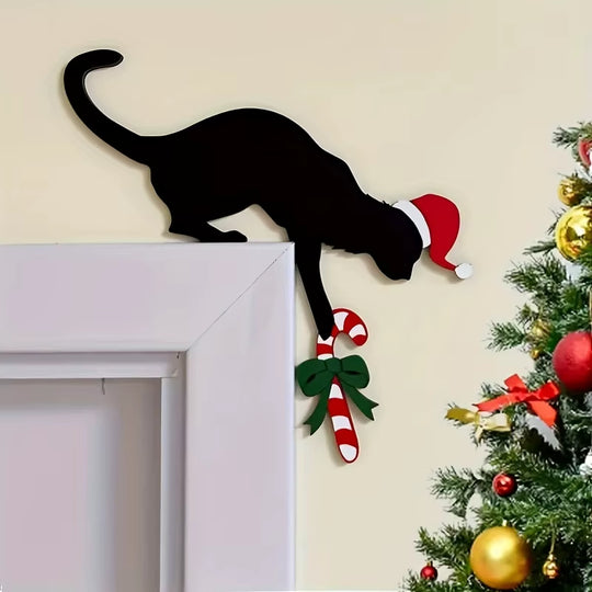 Black cat Christmas door corner decoration with Santa hat and candy cane