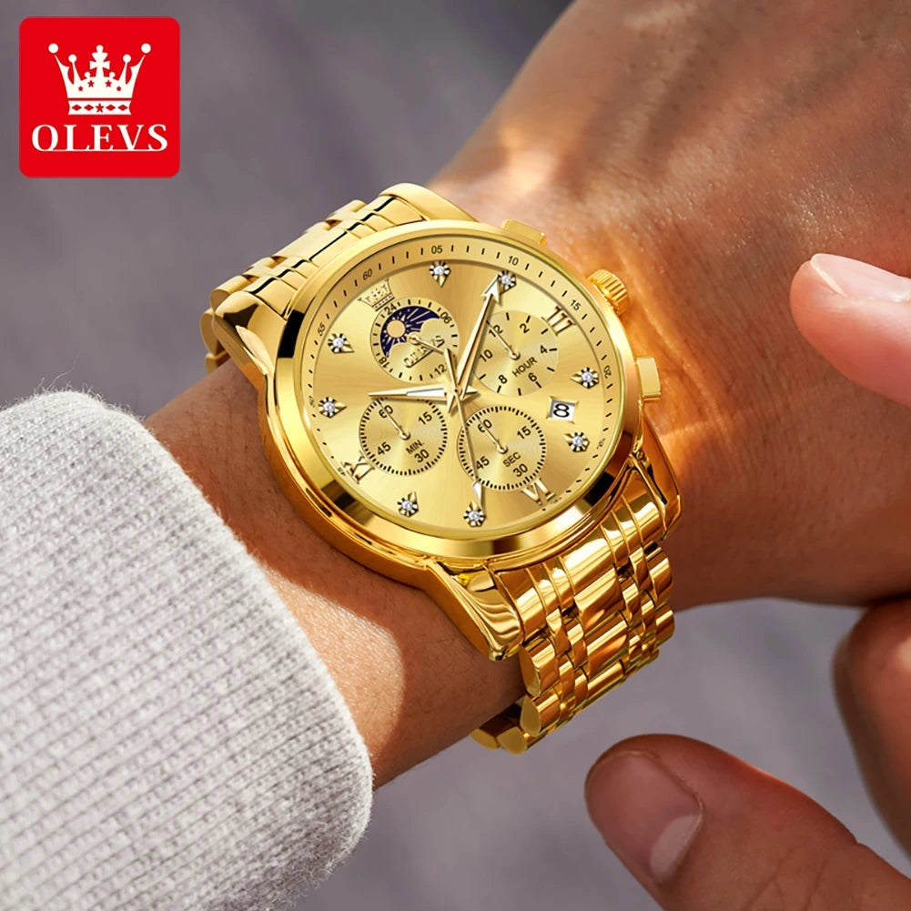 Olevs Gold Business Watch For Men with Roman Numerals Chronograph Quartz Movement and Luminous Hands