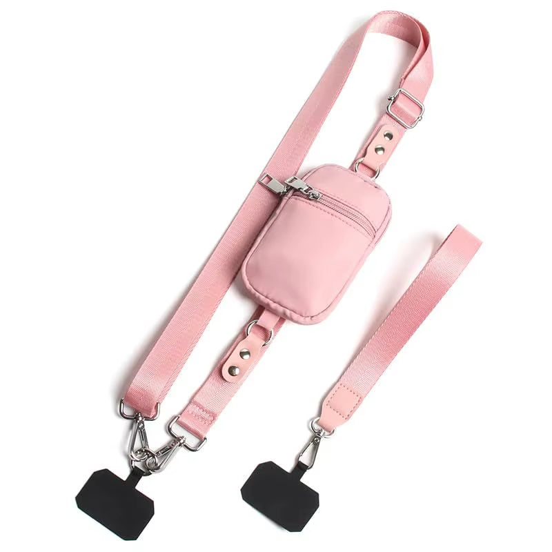 Pink crossbody phone strap with matching zip pouch and wrist strap