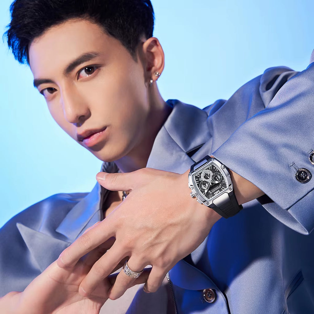 Tonneau watch styled with a light blue shirt